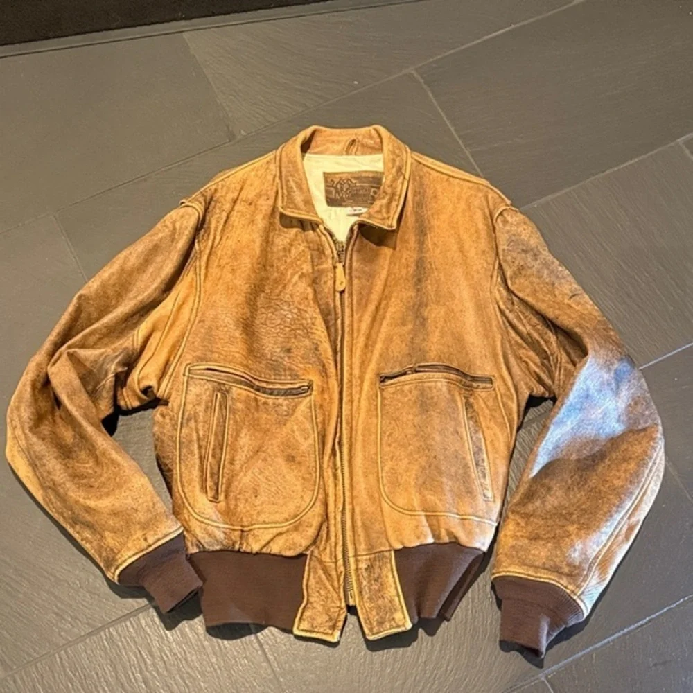 Vintage 80's top gun Men's brown, distressed bomber flight jacket size 48